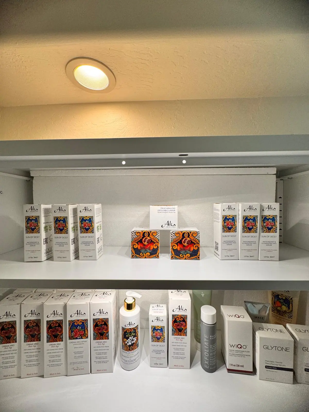 Alia skincare product shelf